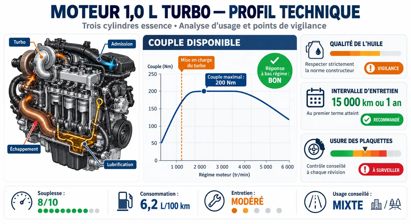 Infographie du moteur 1.0 turbo de 100 ch de la Kia Picanto et de ses exigences d'entretien