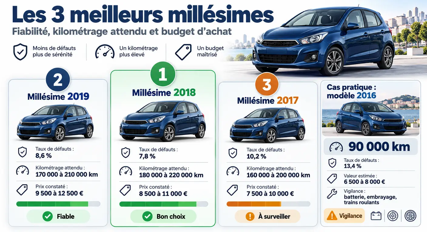 Infographie des trois meilleurs millésimes de Kia Picanto à viser et du cas d'un exemplaire de 2016 à 90 000 km