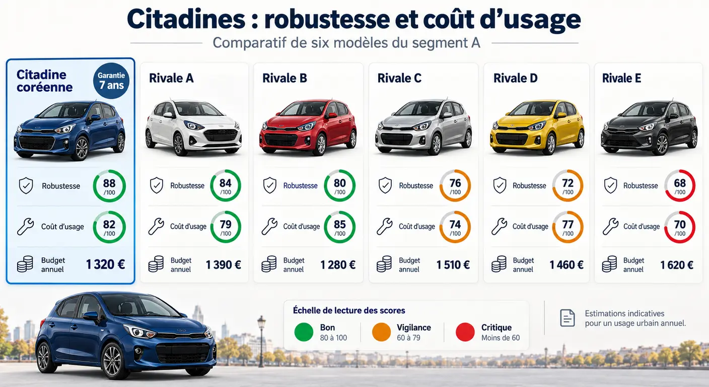 Infographie du positionnement de la Kia Picanto face à ses rivales du segment A