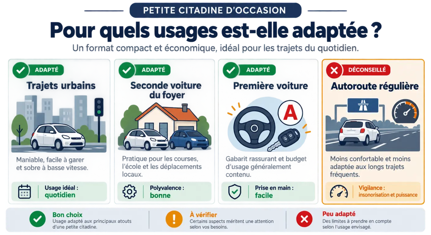 Infographie des profils d'usage pour lesquels la Kia Picanto d'occasion est adaptée ou déconseillée