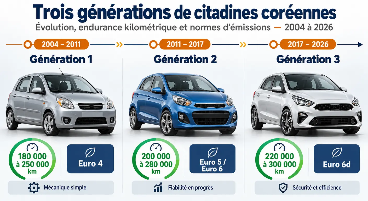 Frise chronologique de la fiabilité des trois générations de Kia Picanto de 2004 à 2026
