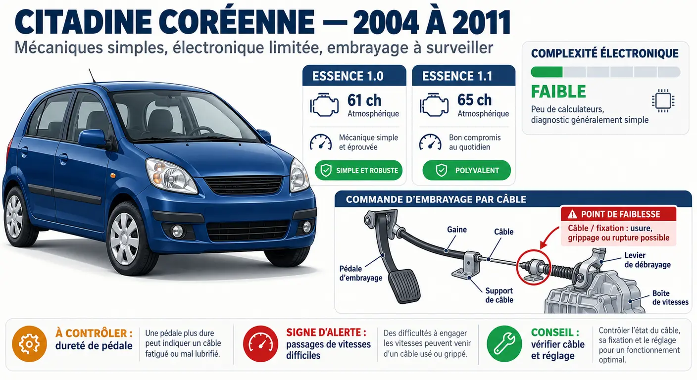 Infographie de la première génération de Kia Picanto et de sa commande d'embrayage par câble