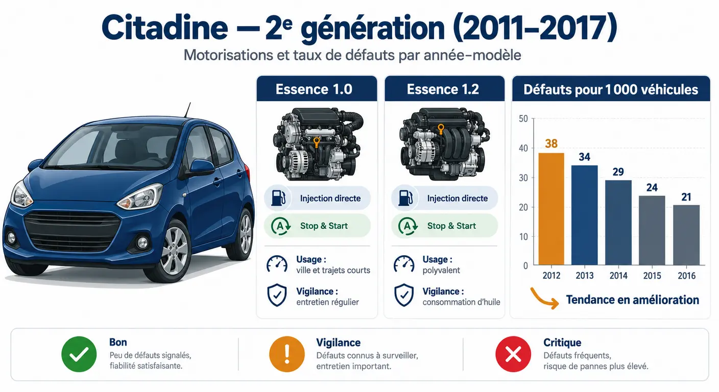 Infographie de la deuxième génération de Kia Picanto et de ses taux de défaut par millésime