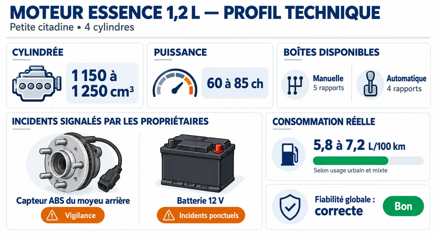 Infographie du moteur 1.2 de 84 ch de la Kia Picanto et de ses défauts recensés