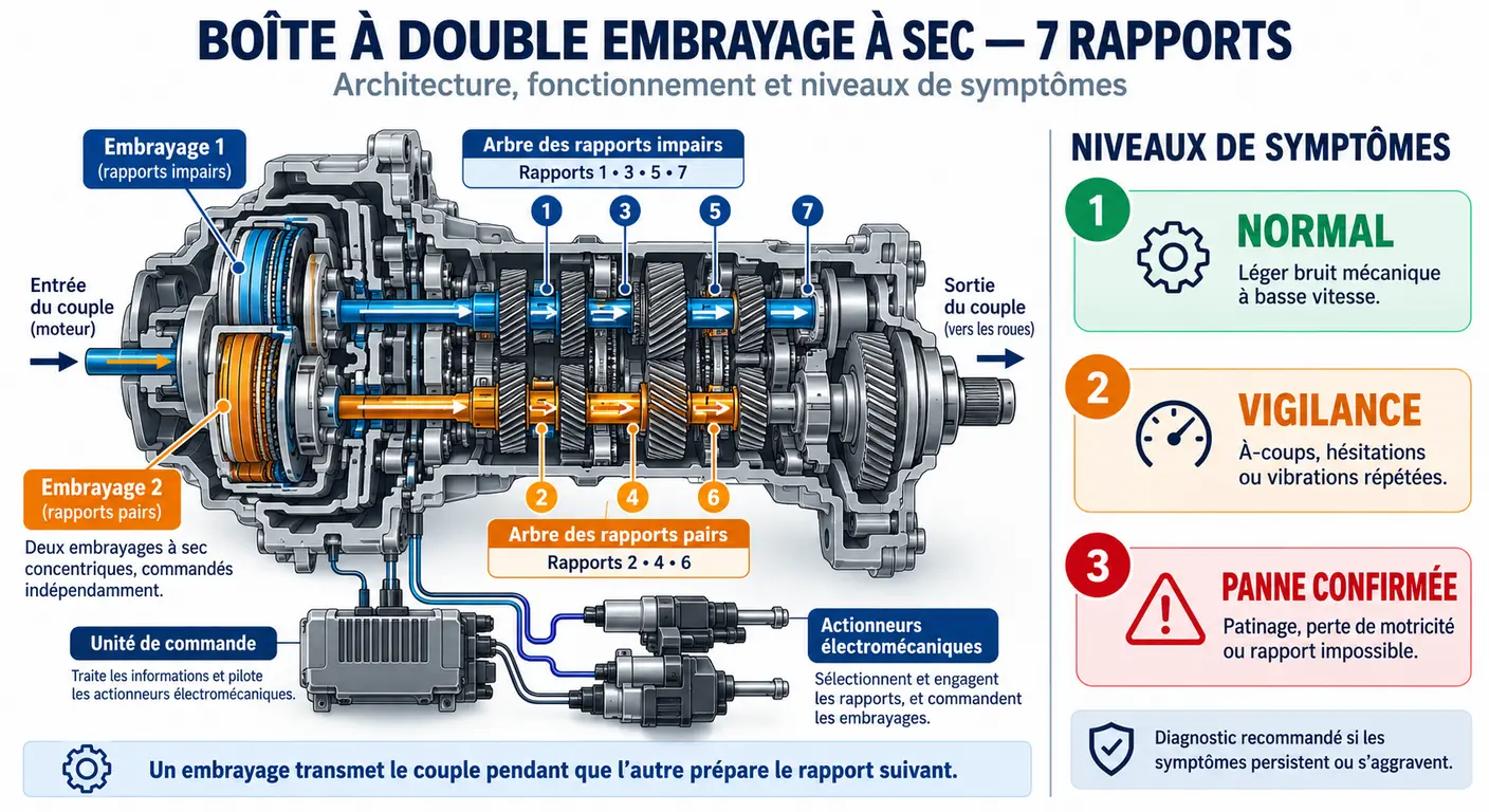 Infographie expliquant le fonctionnement de la boîte DCT7 et la gravité de ses symptômes