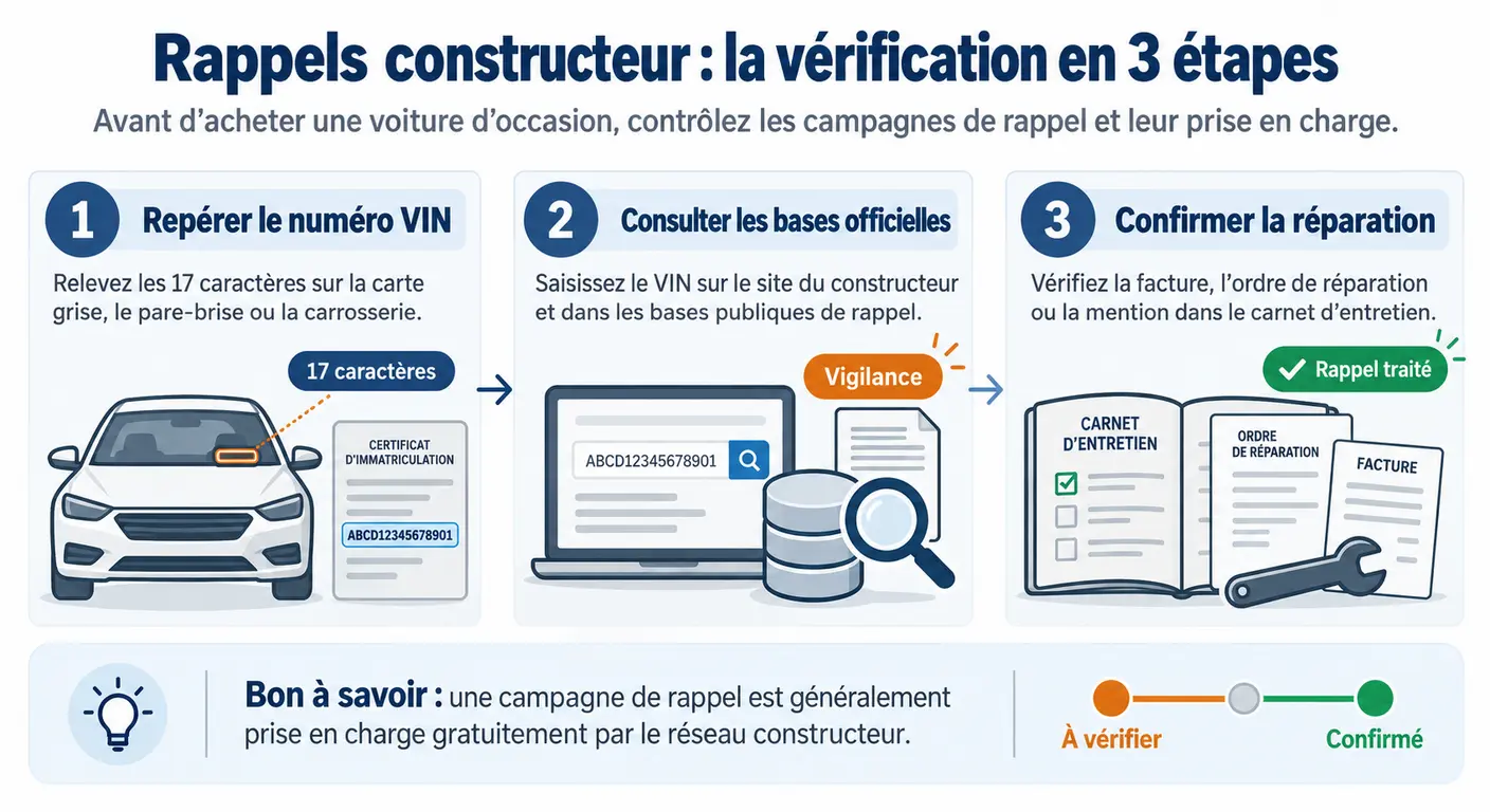 Infographie de la méthode en trois étapes pour vérifier les rappels constructeur d'une Kia ProCeed