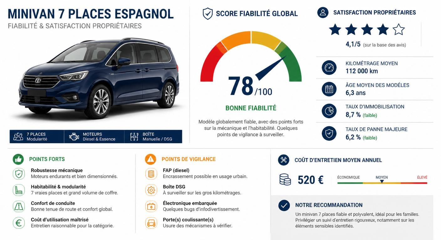 Infographie synthétisant la fiabilité de la Seat Alhambra en occasion
