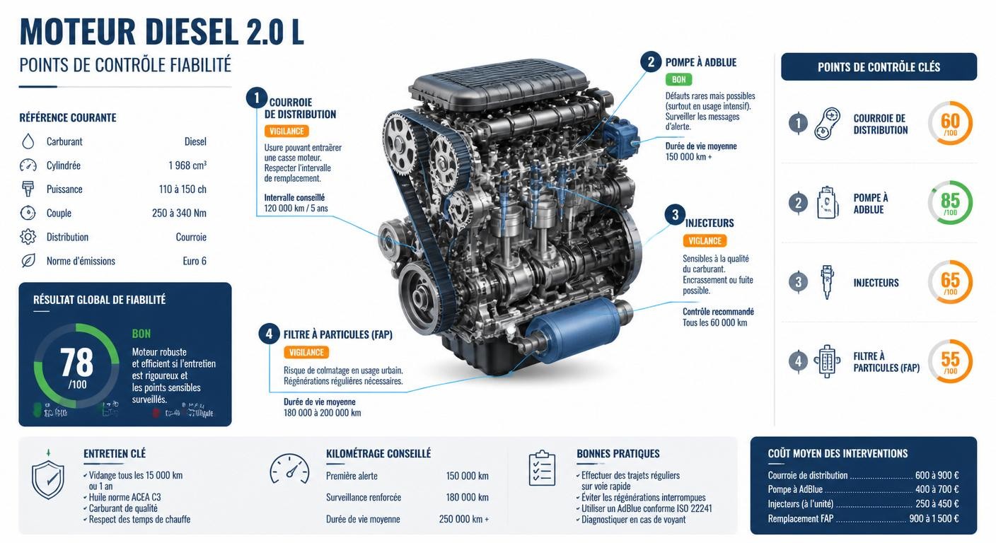 Infographie des points de fiabilité du moteur diesel 2.0 TDI de la Seat Alhambra