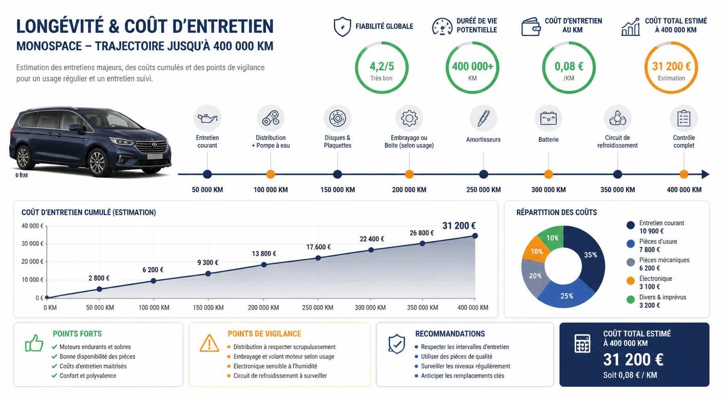 Infographie de la longévité et du coût d'entretien de la Seat Alhambra selon le kilométrage