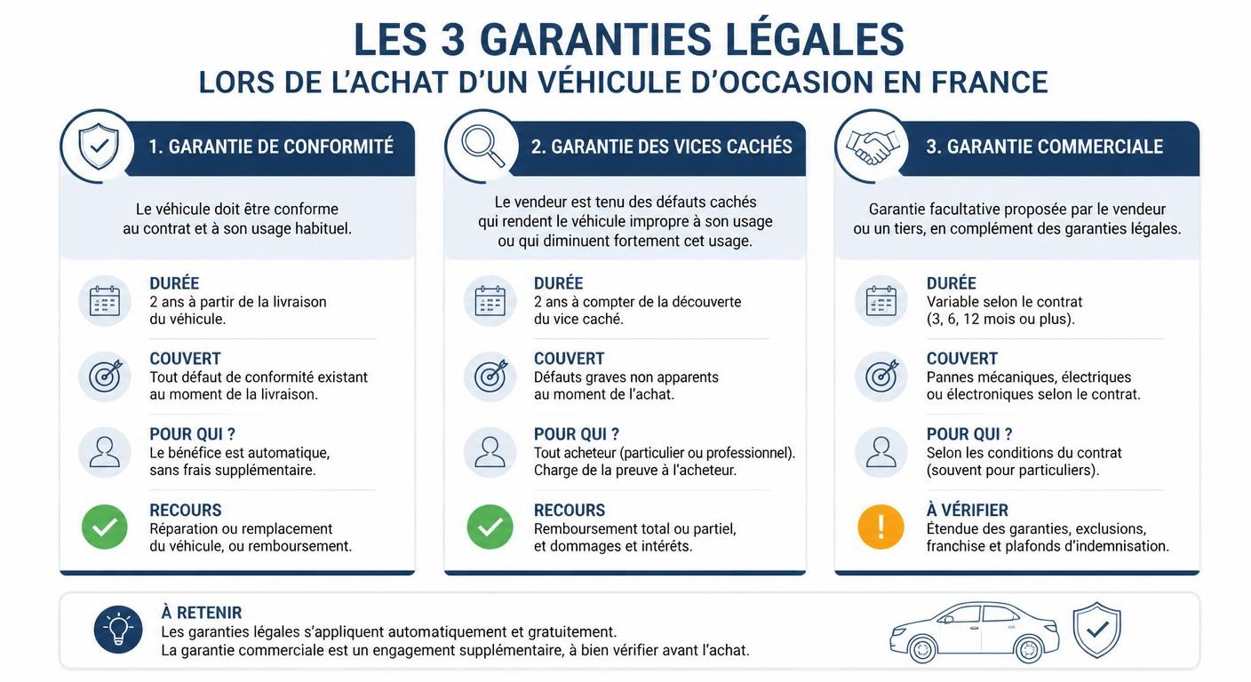 Infographie des trois garanties legales pour une voiture d'occasion en France