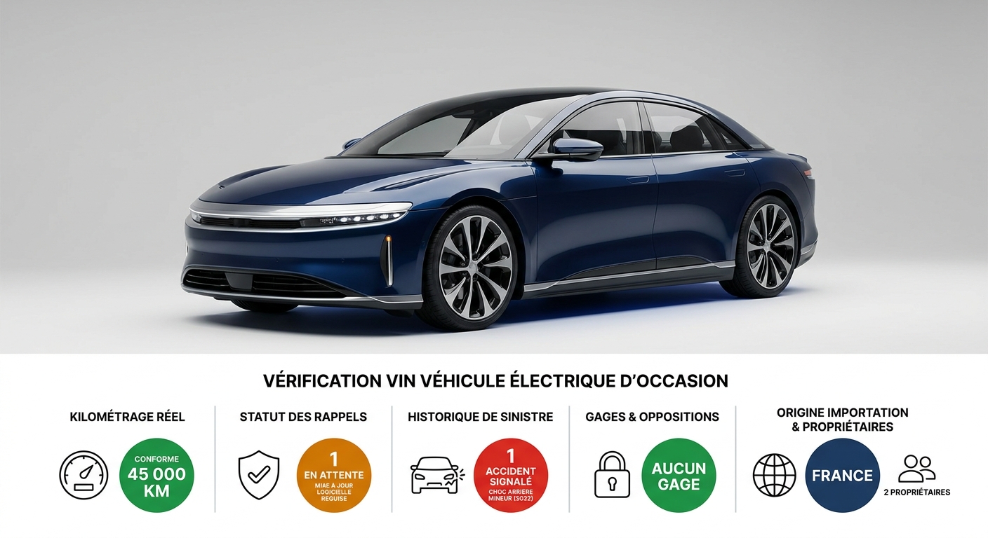 Infographie des informations révélées par la vérification du VIN d'un VE occasion