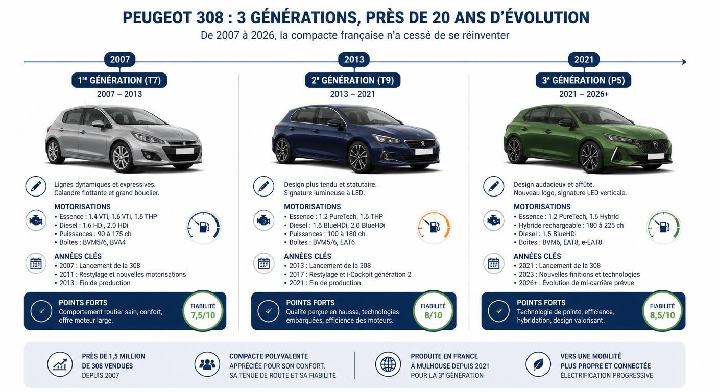 Chronologie des trois générations de Peugeot 308 entre 2007 et 2026