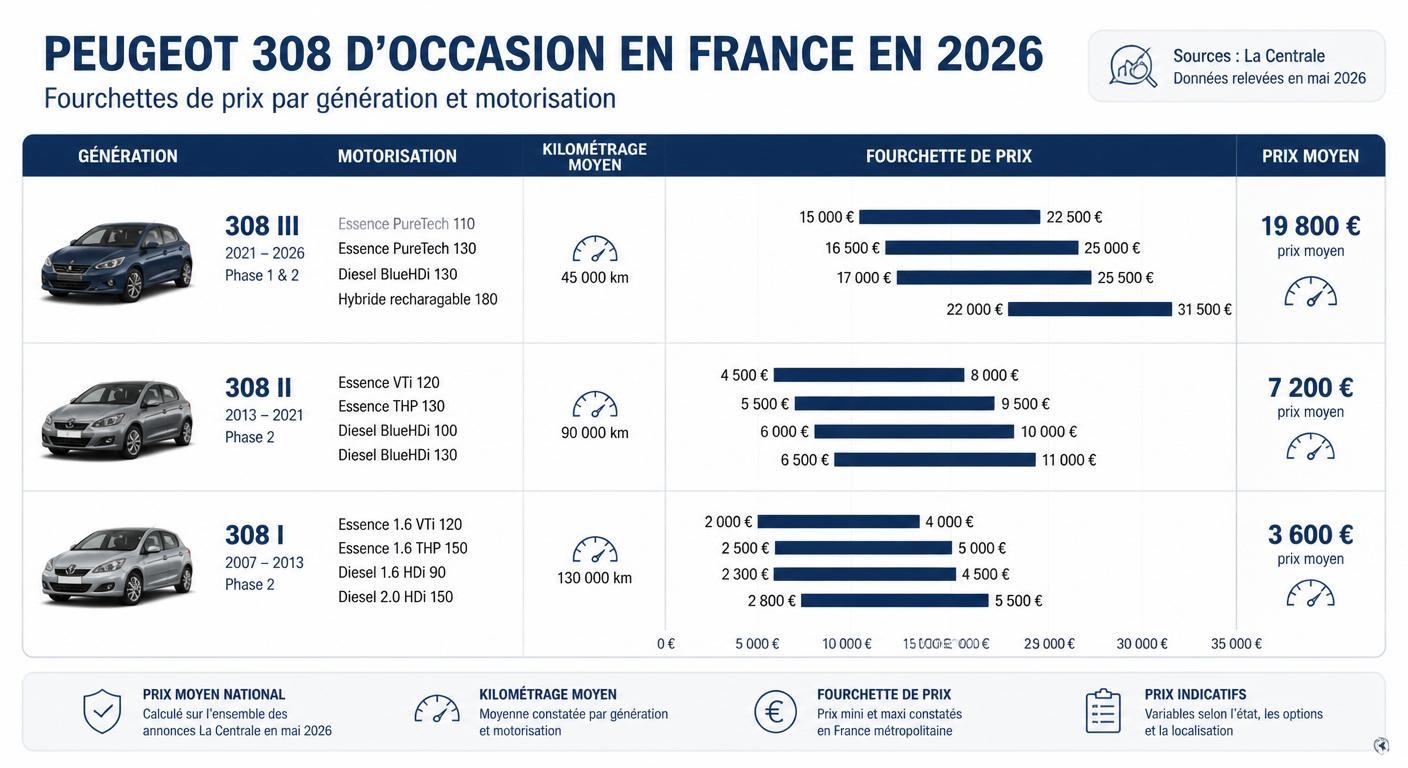 Fourchettes de prix d'une Peugeot 308 d'occasion en France en 2026