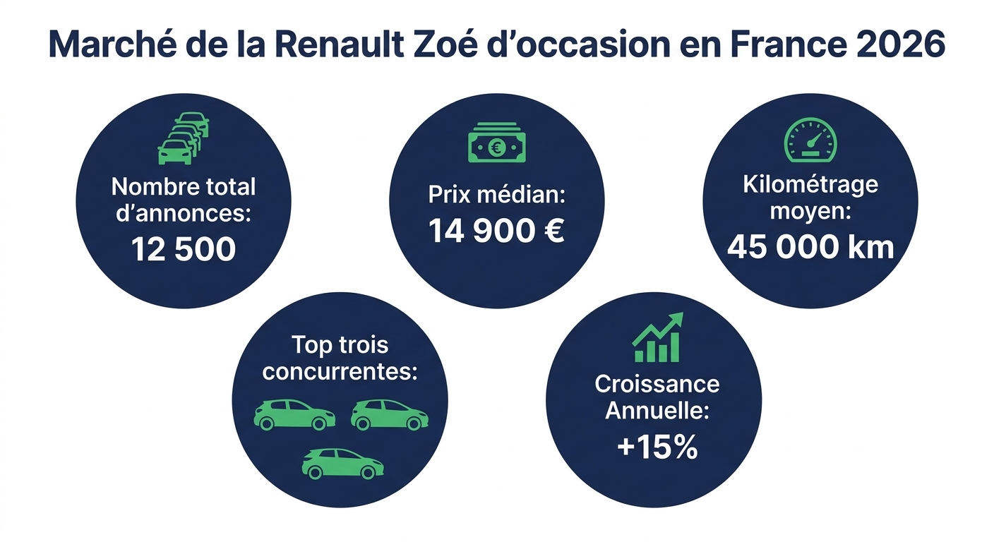 Infographie panorama du marché de la Renault Zoé d'occasion en 2026