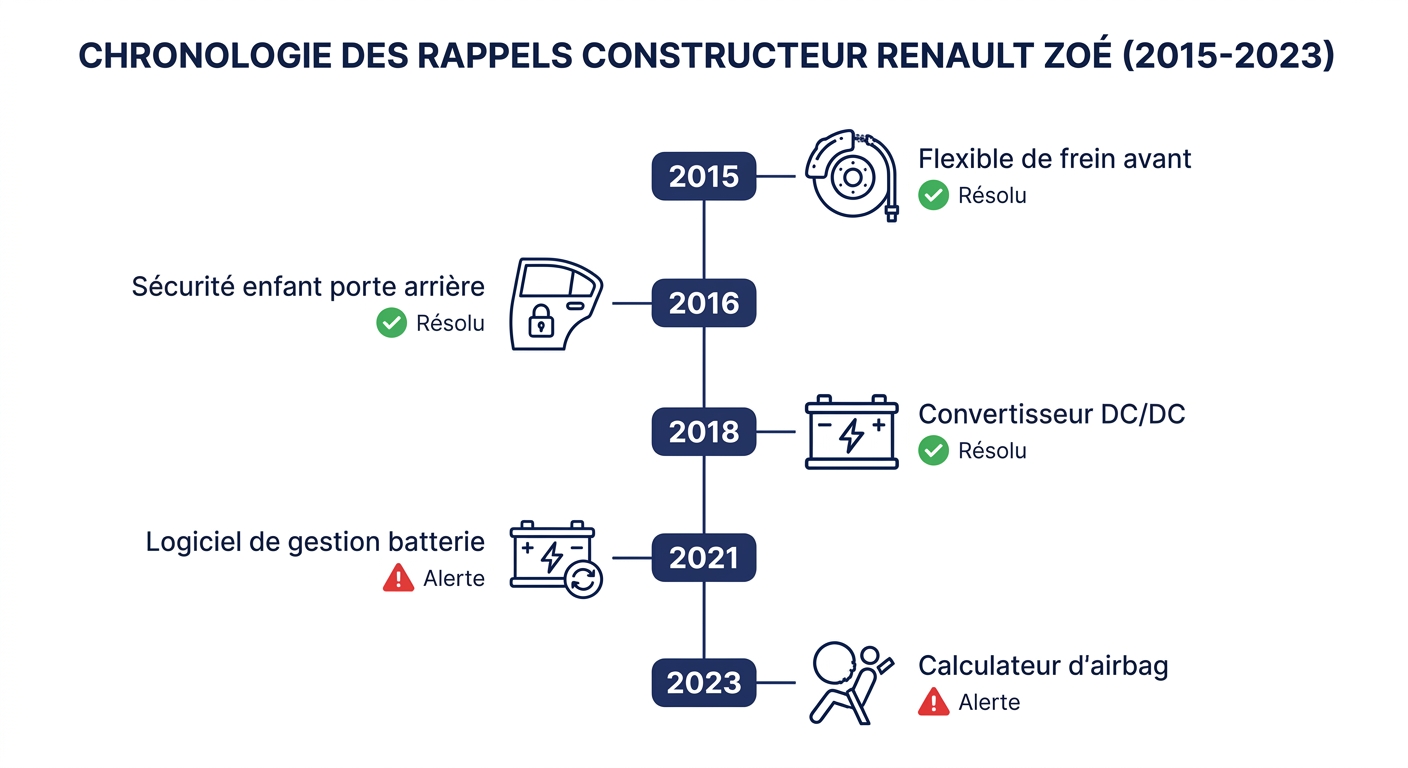 Infographie chronologie des cinq rappels constructeur Renault Zoé entre 2015 et 2023