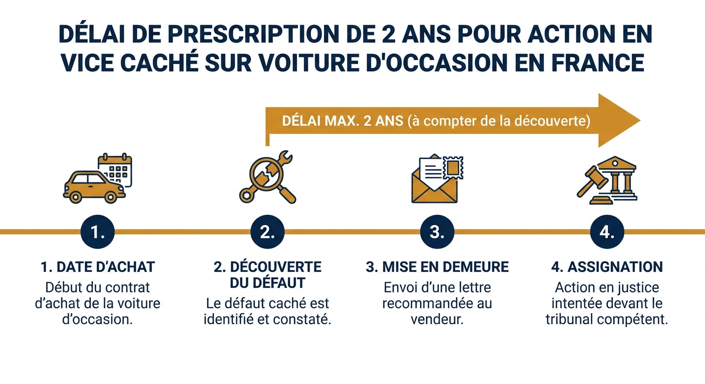 Frise chronologique des 2 ans de prescription du vice caché auto
