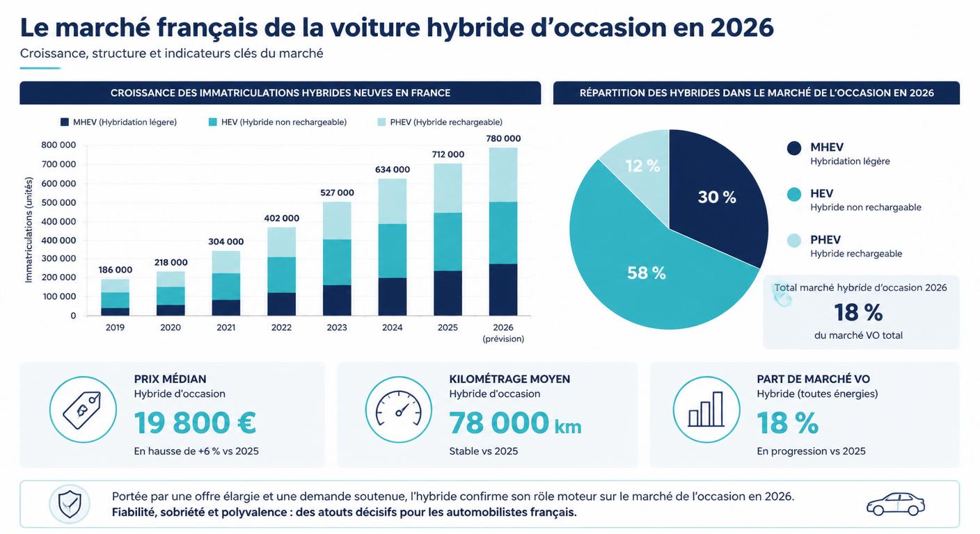 Infographie du marché français de la voiture hybride d'occasion en 2026 : croissance, parts de marché et indicateurs clés