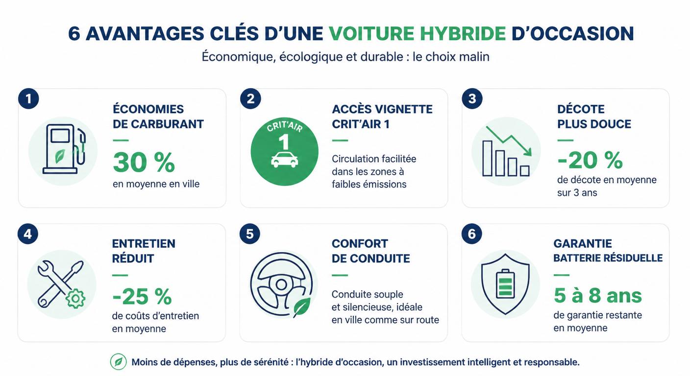 Infographie des six avantages chiffrés d'une voiture hybride d'occasion