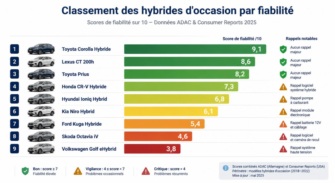 Palmarès fiabilité 2026 des principaux modèles d'hybrides d'occasion en France