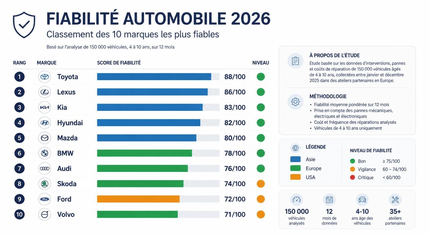 Classement des 10 marques automobiles les plus fiables en 2026 avec scores par organisme