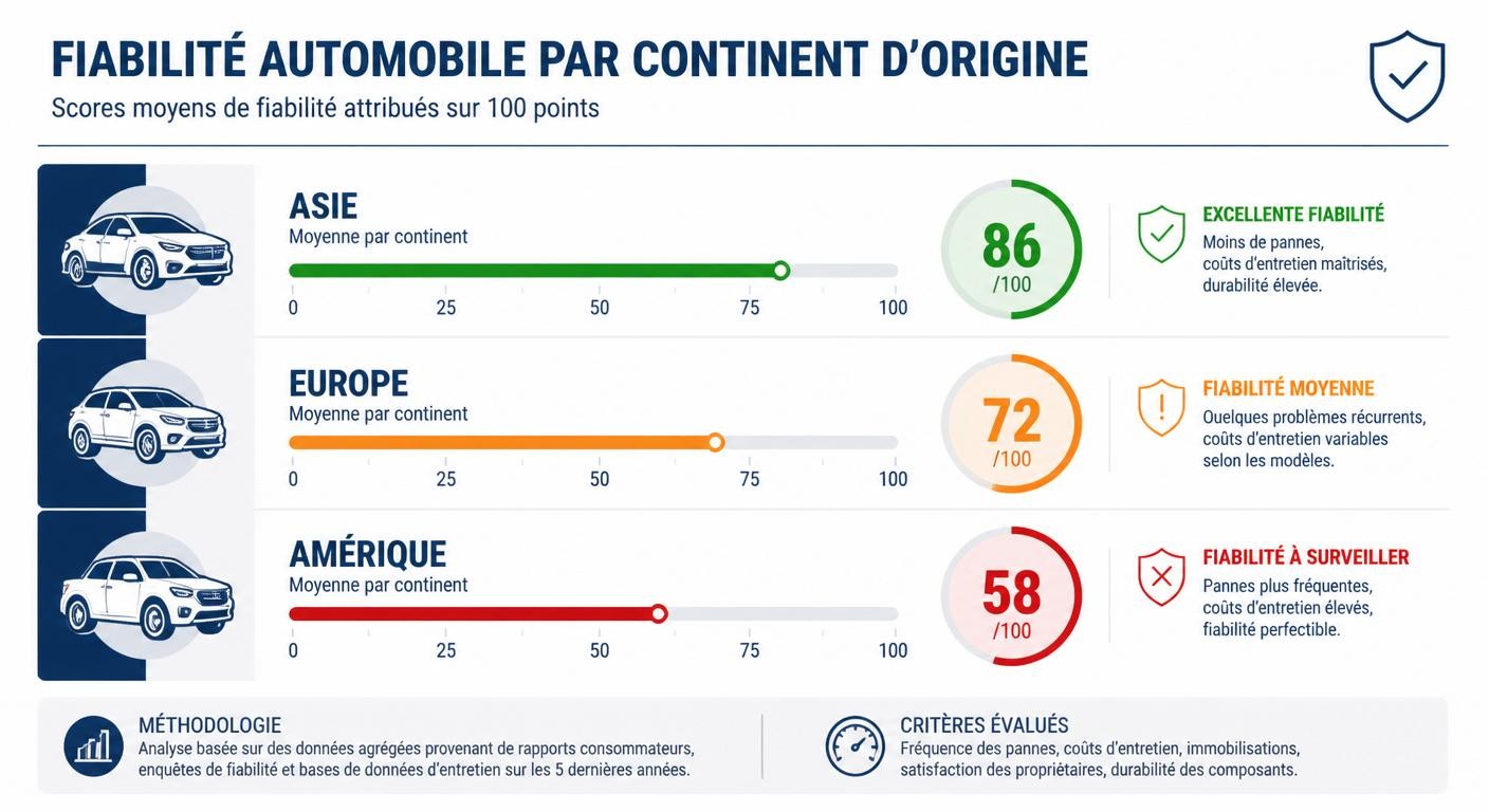 Comparaison des scores de fiabilité automobile par continent d'origine