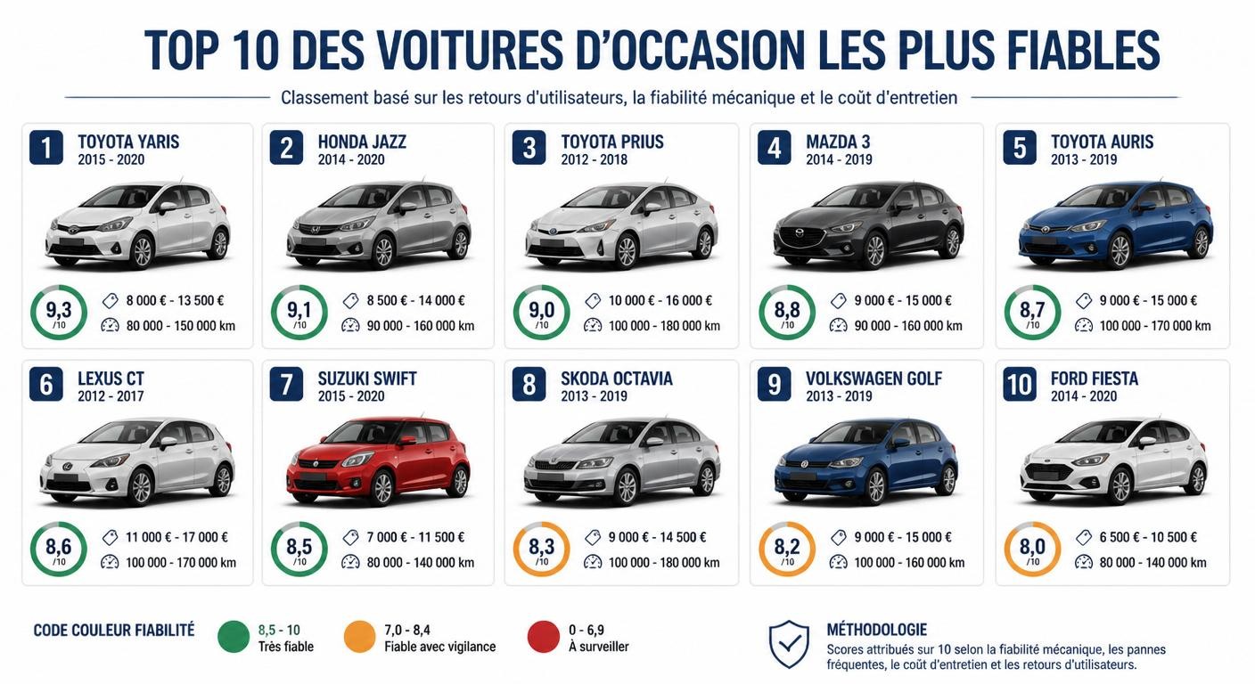 Top 10 des modèles de voitures d'occasion les plus fiables avec scores et prix