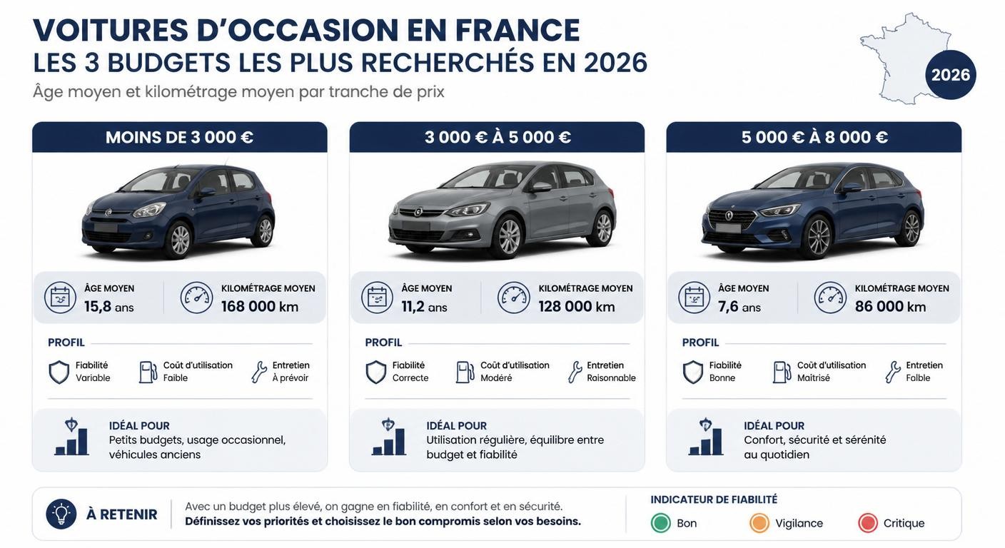 Infographie des trois paliers de budget pour une voiture d'occasion en France en 2026