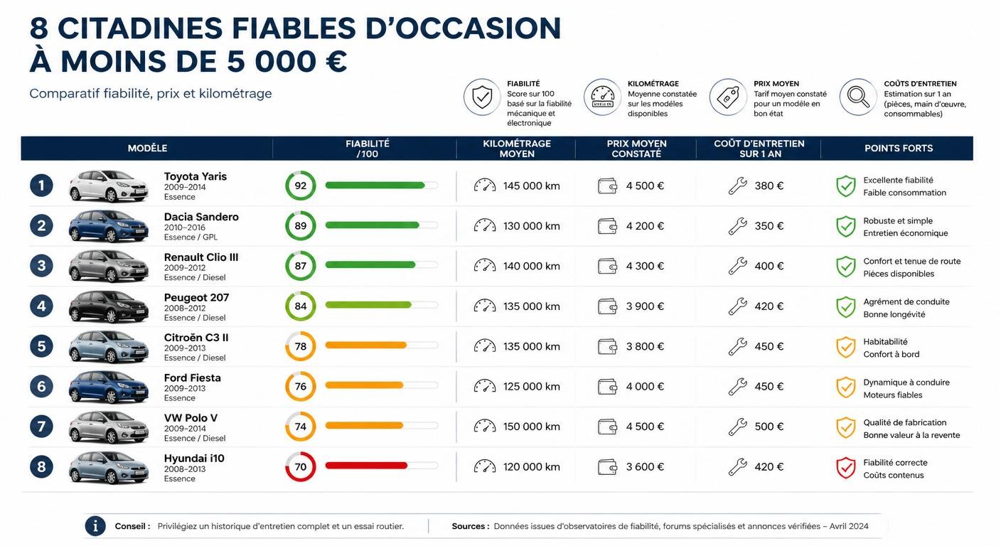 Infographie comparative des huit voitures d'occasion les plus fiables sous 5 000 euros