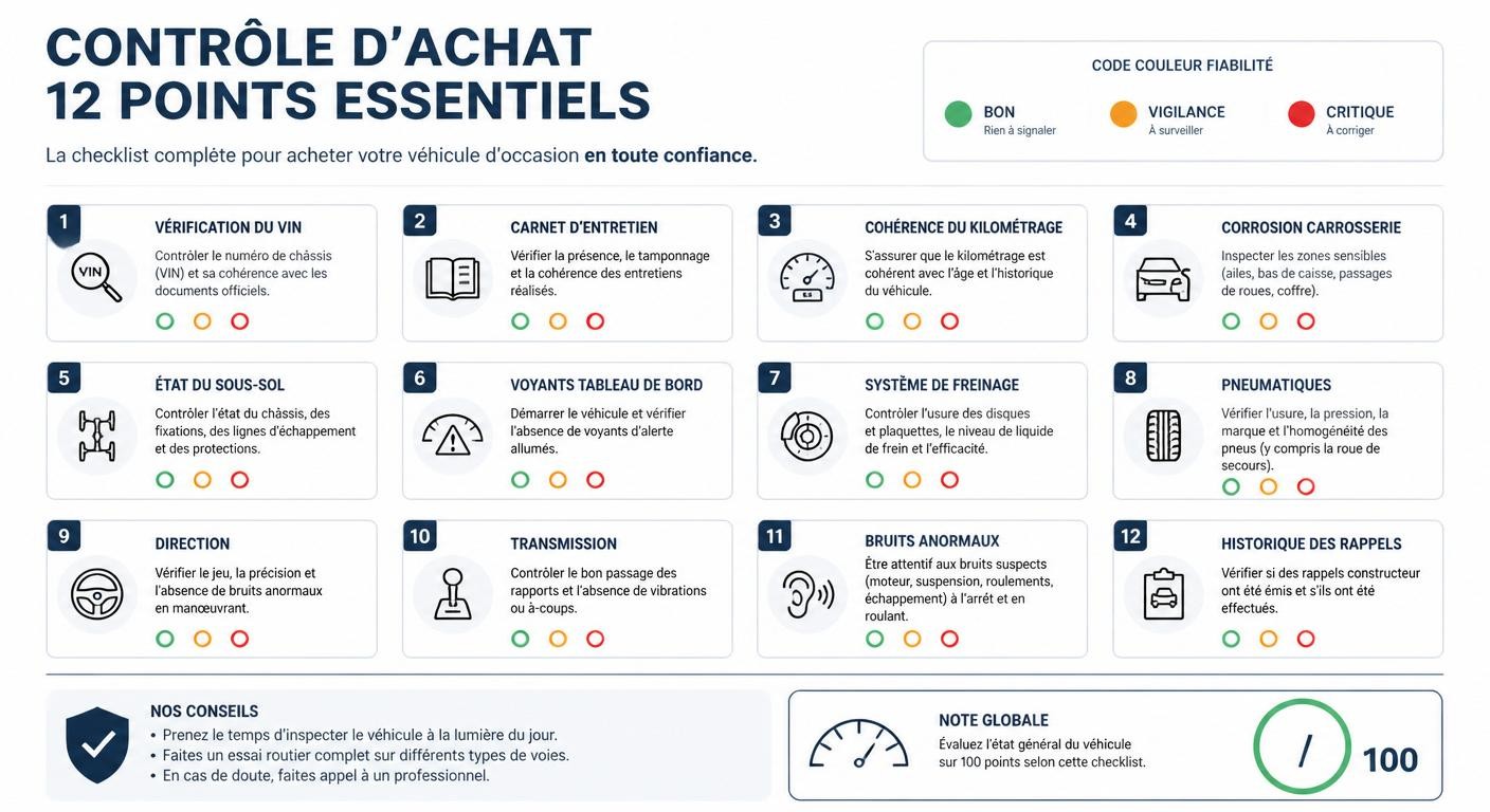 Infographie du protocole d'inspection en 12 points avant achat d'une voiture d'occasion